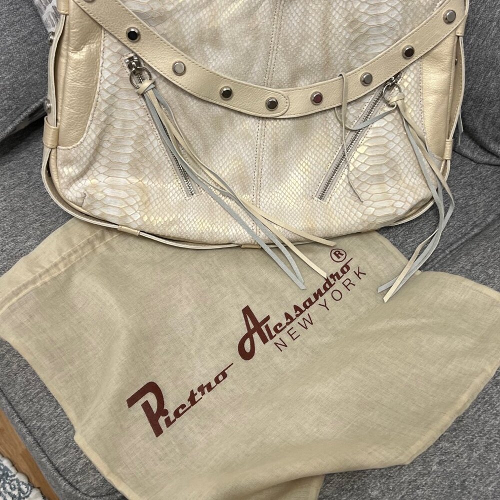 Pietro Alessandro Vintage Snake Skin Print, Leather Cream Shoulder Bag, Purse